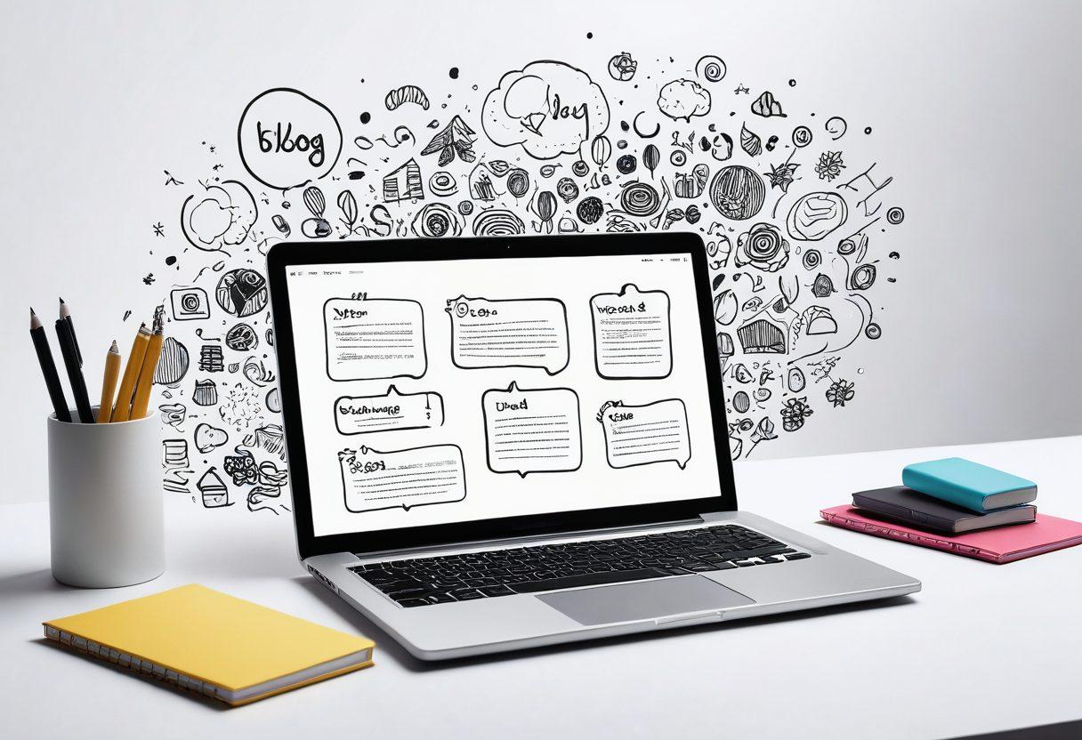 A colorful digital diary open to a page, filled with vibrant handwritten notes, doodles, and blog ideas floating around like thought bubbles. A laptop sits nearby, showcasing a beautifully designed blog interface. Soft light illuminating the scene, reminiscent of a cozy creative workspace. The background features abstract digital elements that symbolize creativity and expression. super-realistic. vibrant colors. white background.